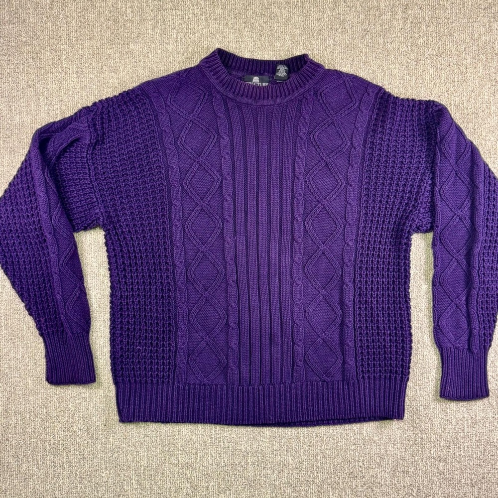 Structure Mens Vintage Purple Cable Knit Sweater XL Cotton Ramie Mock Neck